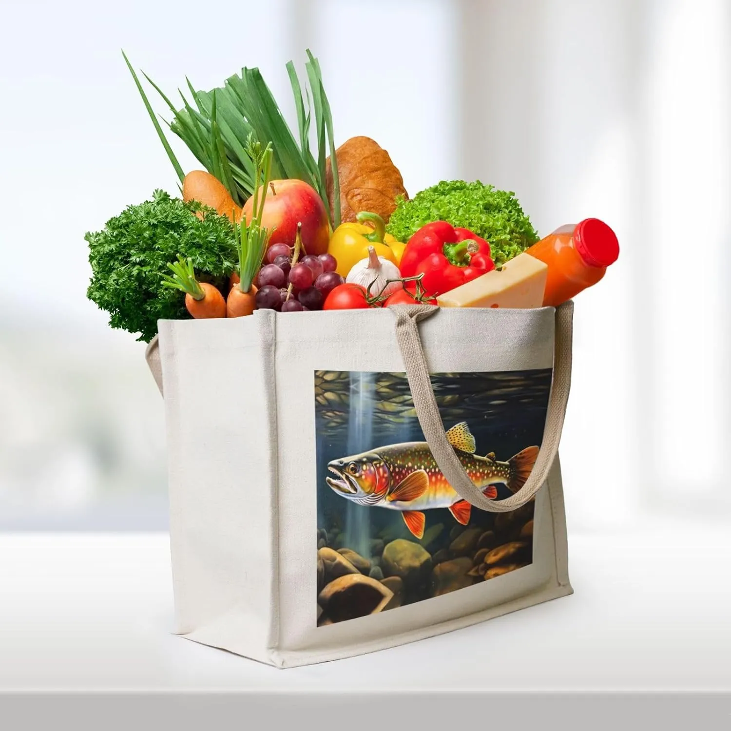 AMAZWI Brook Trout Fishing Wave Canvas Tote Bag For Women, Aesthetics Gifts Bag Travel Tote Handbags Shopping Daily Working