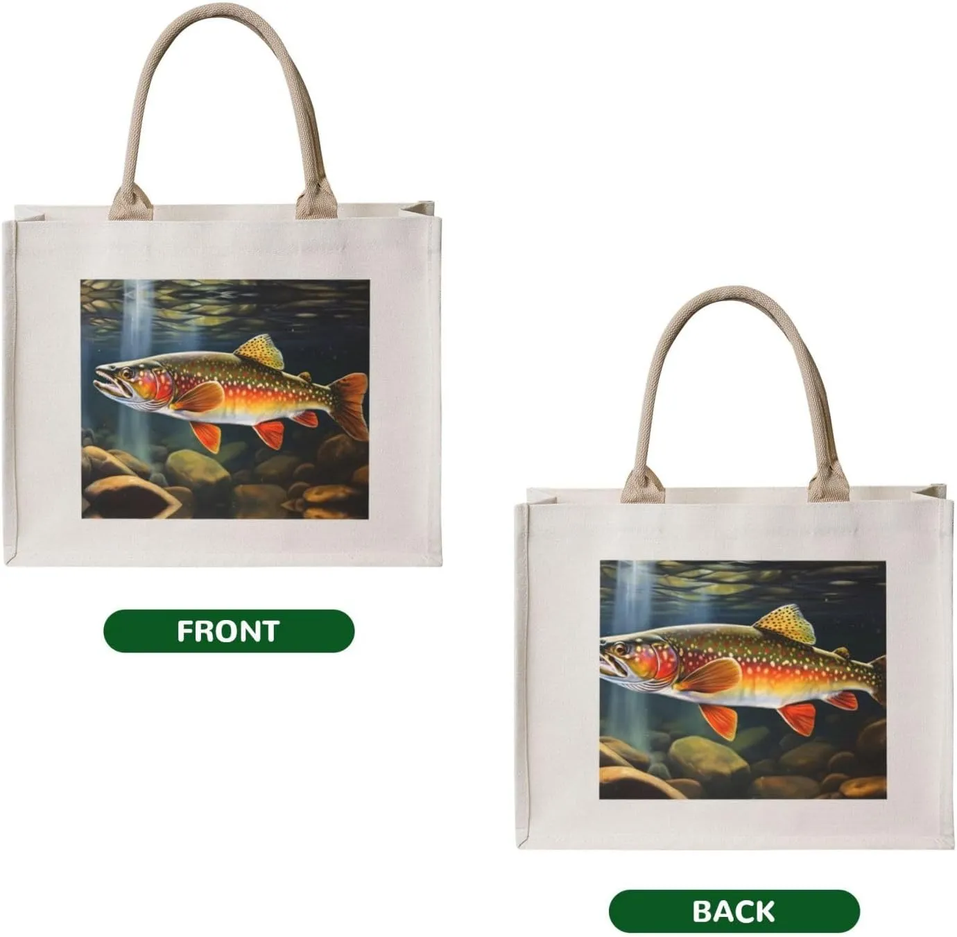 AMAZWI Brook Trout Fishing Wave Canvas Tote Bag For Women, Aesthetics Gifts Bag Travel Tote Handbags Shopping Daily Working