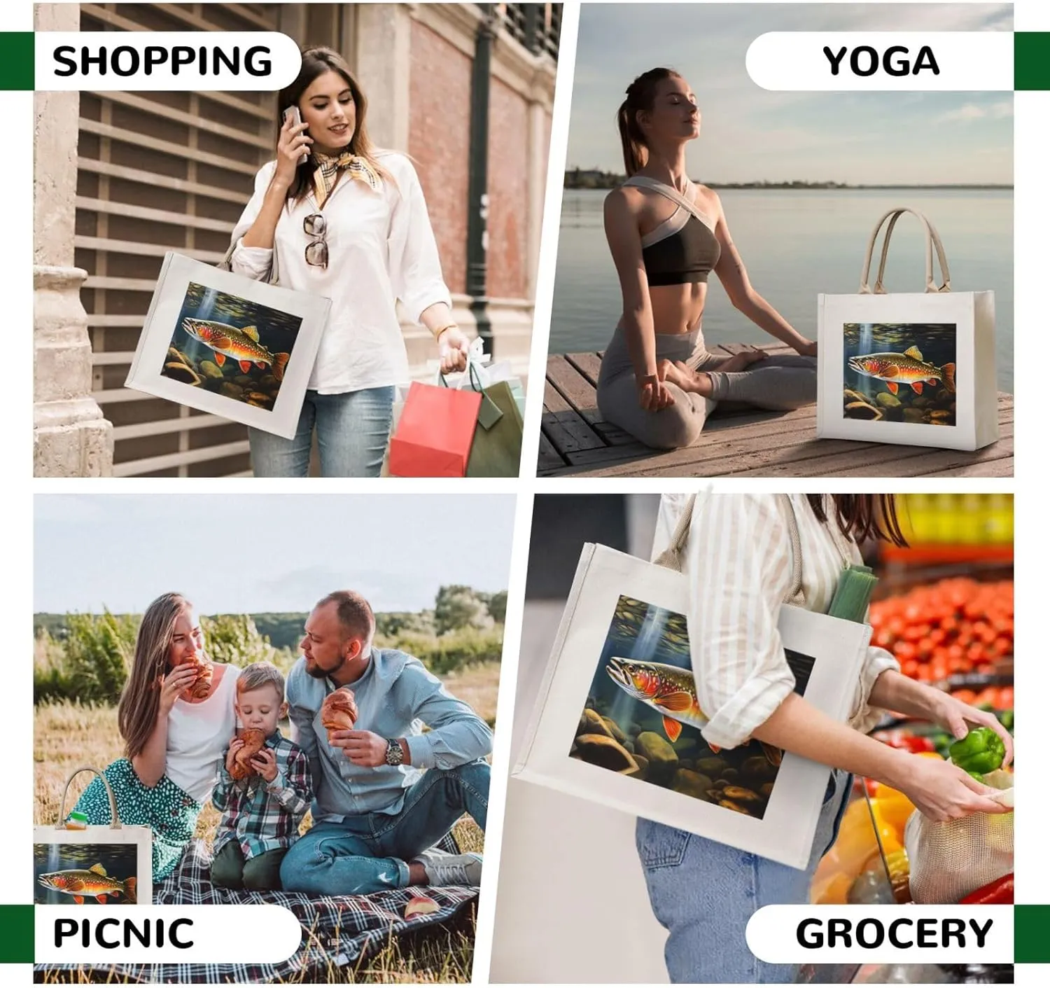 AMAZWI Brook Trout Fishing Wave Canvas Tote Bag For Women, Aesthetics Gifts Bag Travel Tote Handbags Shopping Daily Working