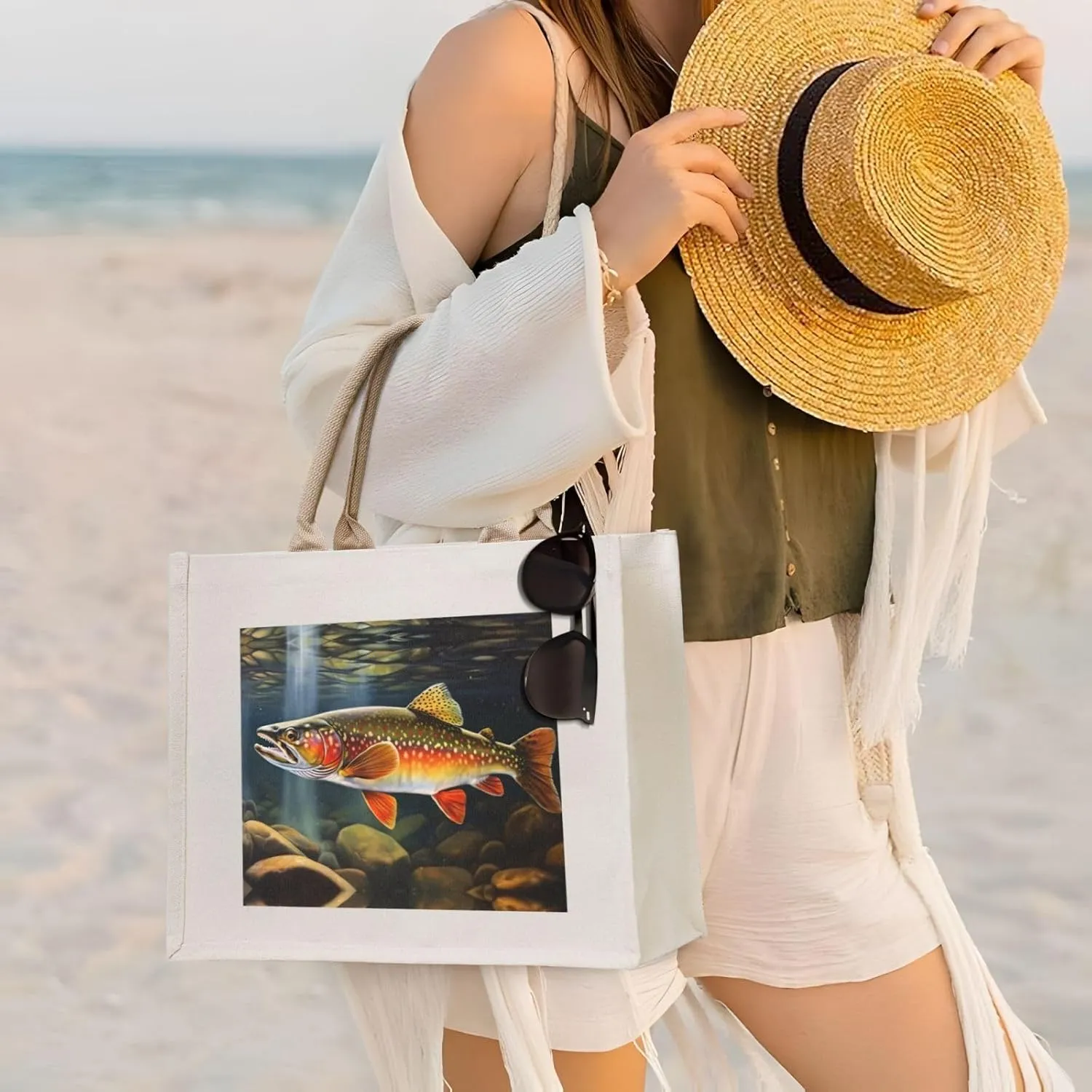 AMAZWI Brook Trout Fishing Wave Canvas Tote Bag For Women, Aesthetics Gifts Bag Travel Tote Handbags Shopping Daily Working