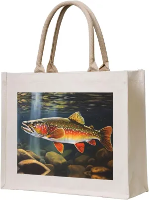 AMAZWI Brook Trout Fishing Wave Canvas Tote Bag For Women, Aesthetics Gifts Bag Travel Tote Handbags Shopping Daily Working