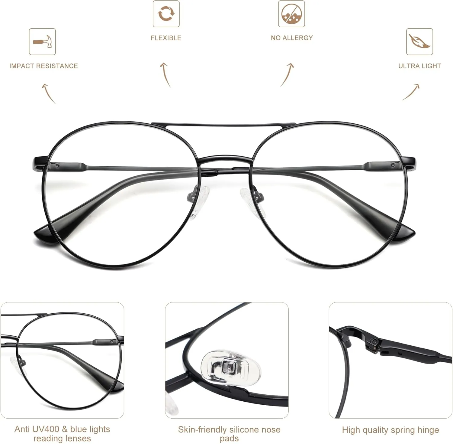 AMOMOMA Retro Aviator Round Reading Glasses for Women, Blue Light Blocking Womens Computer Readers Retro Metal Frame AM6117