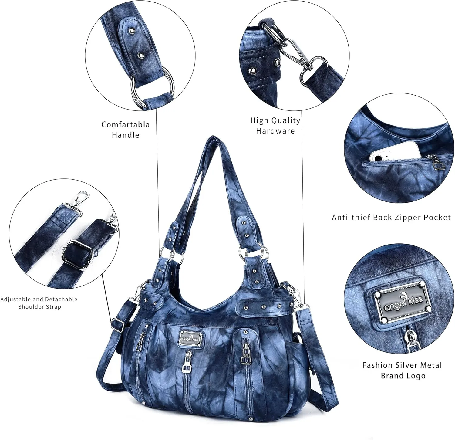 Angelkiss Large Purses and Handbags for Women Washed Faux Leather Crossbody Hobo Satchel Shoulder Handbag Tote Purse