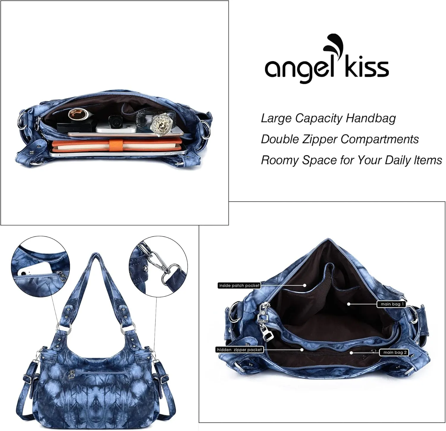 Angelkiss Large Purses and Handbags for Women Washed Faux Leather Crossbody Hobo Satchel Shoulder Handbag Tote Purse
