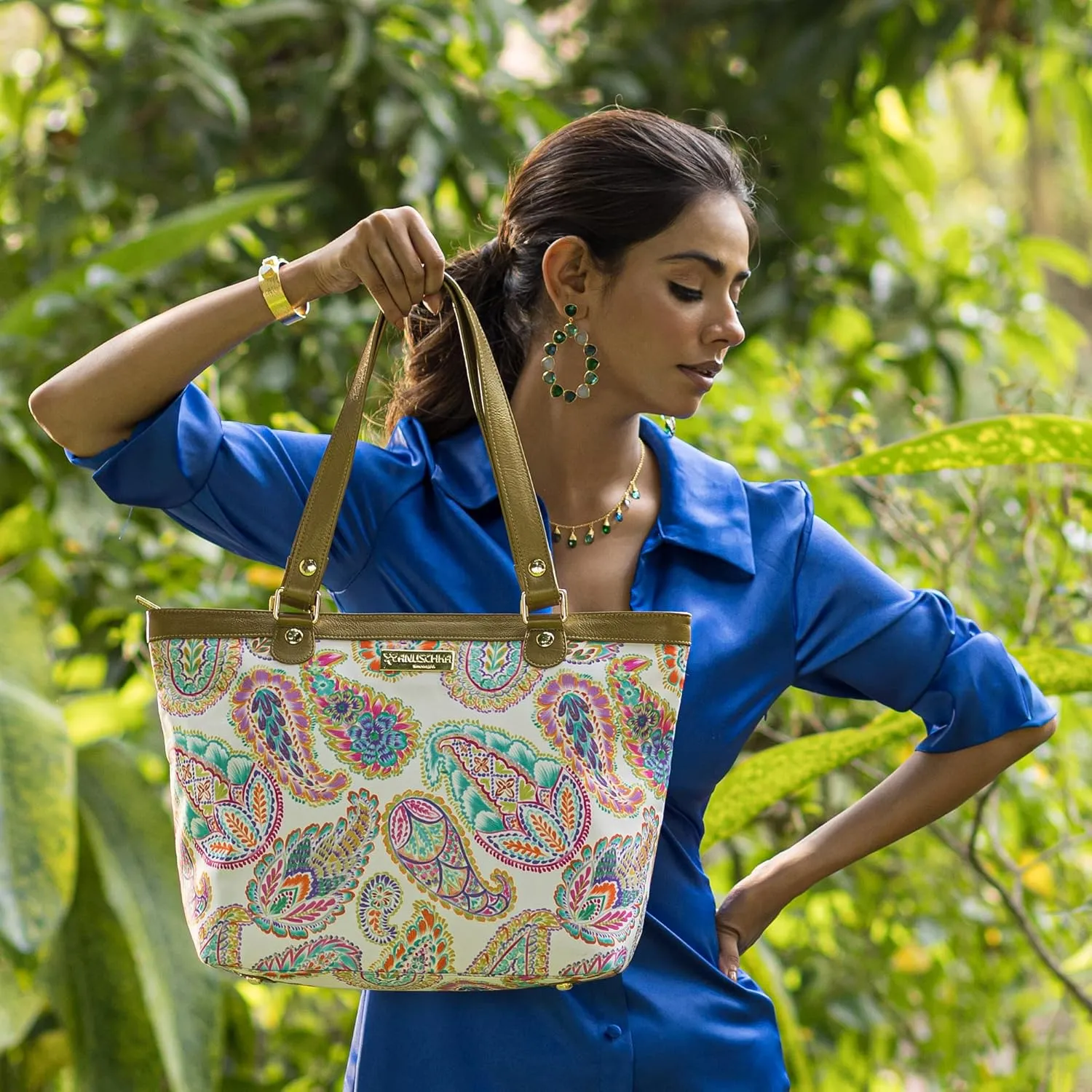 Anuschka Zip Top City Tote-Wanderlust Collection-Nylon Fabric with Leather Trim and Artwork Print