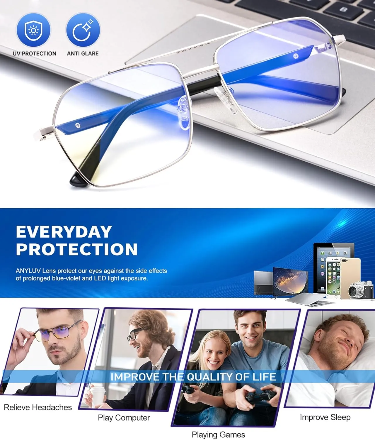 ANYLUV Blue Light Glasses Men/Women, Blue Light Blocking Glasses, Computer Screen Blocker Eyes Protection Glasses