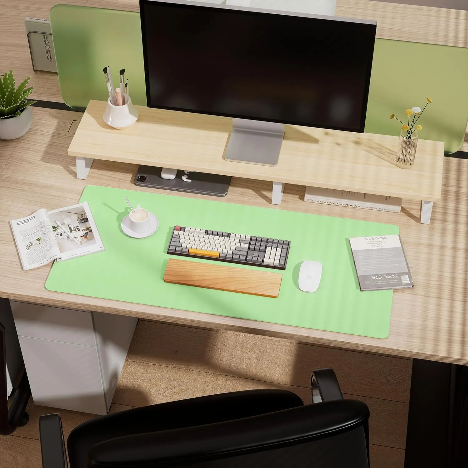 Aothia Double-Sided Desk Pad, 37.8"x17" Leather Desk Mat, Eco Cork Desk Pad Protector,Large Mouse Pad,Waterproof Desk Blotter for Office/Home(Light Green)