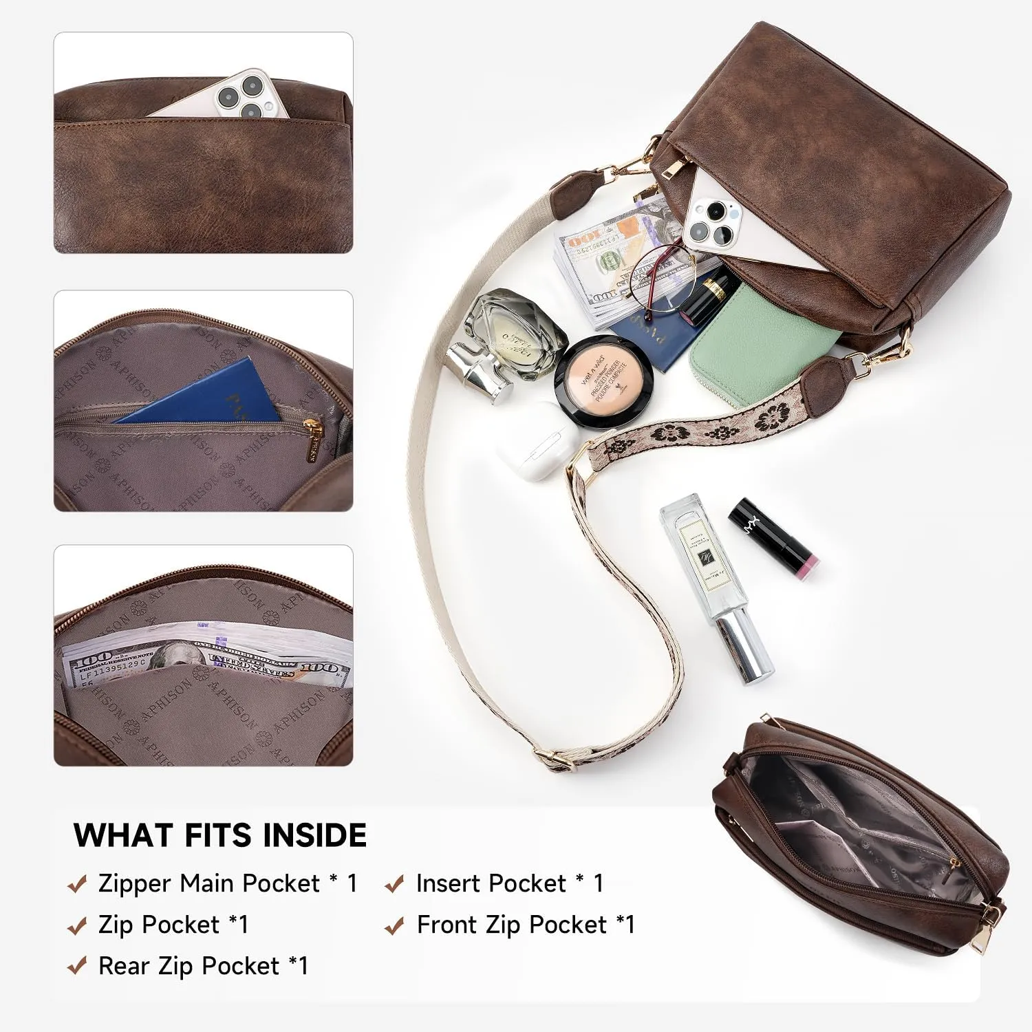 APHISON Small Crossbody Bags for Women, Triple Zip Crossbody Cell Phone Purse Shoulder Handbags with Adjustable Strap
