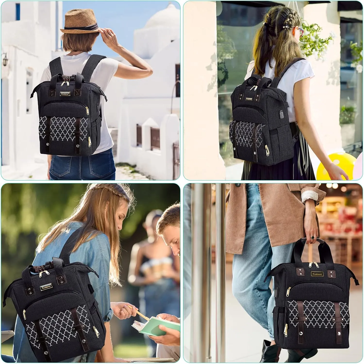 Backpack for Women, School Backpacks for Teen Girls, Large Wide Open Backpack with USB Charging Port, 15.6 Inch Work Laptop Backpack, Black