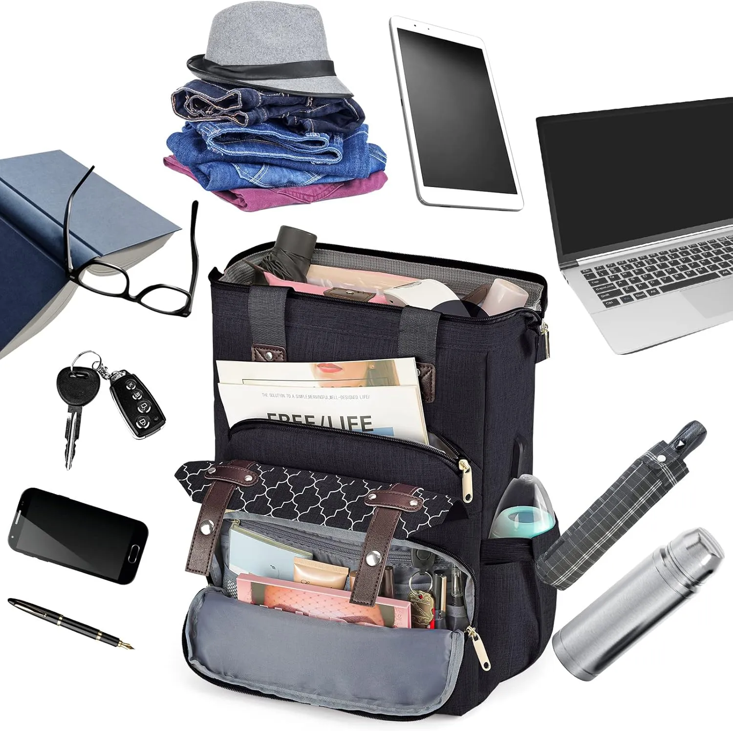 Backpack for Women, School Backpacks for Teen Girls, Large Wide Open Backpack with USB Charging Port, 15.6 Inch Work Laptop Backpack, Black