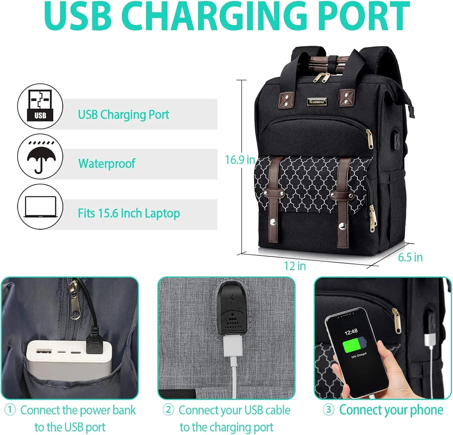 Backpack for Women, School Backpacks for Teen Girls, Large Wide Open Backpack with USB Charging Port, 15.6 Inch Work Laptop Backpack, Black