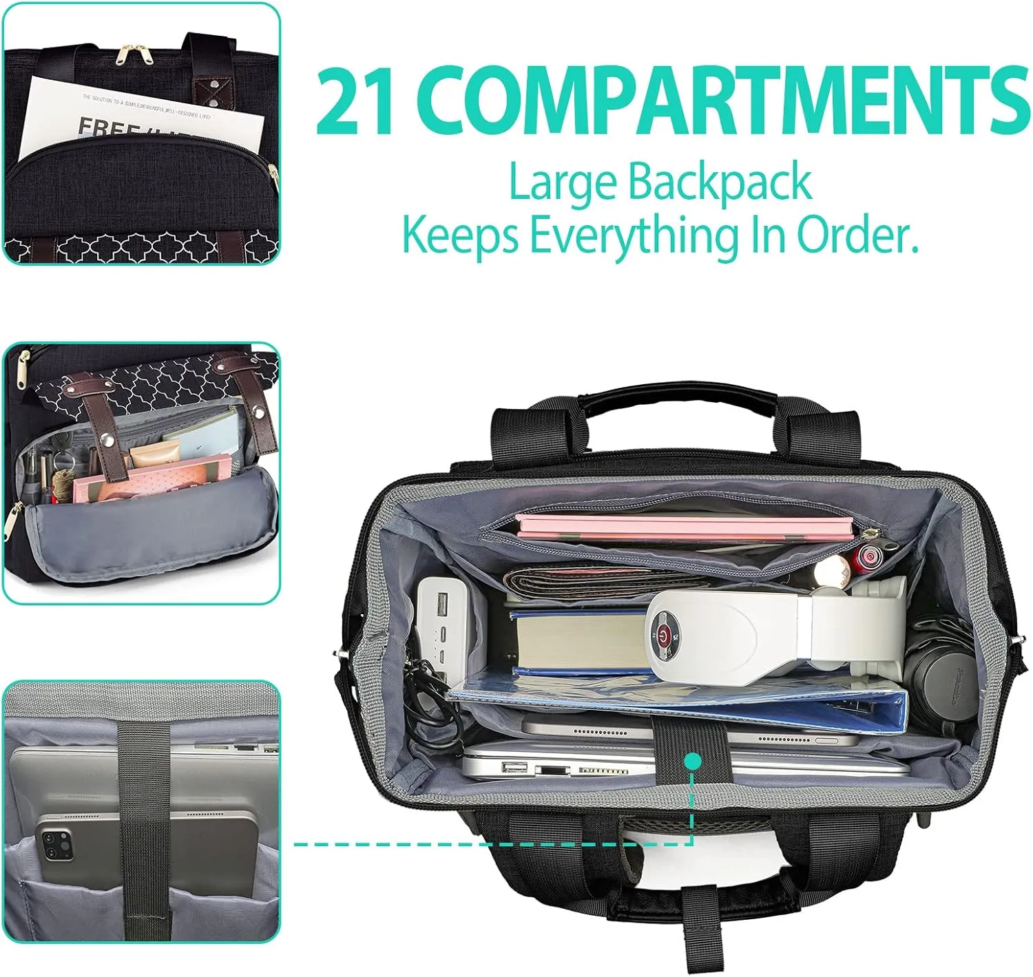 Backpack for Women, School Backpacks for Teen Girls, Large Wide Open Backpack with USB Charging Port, 15.6 Inch Work Laptop Backpack, Black