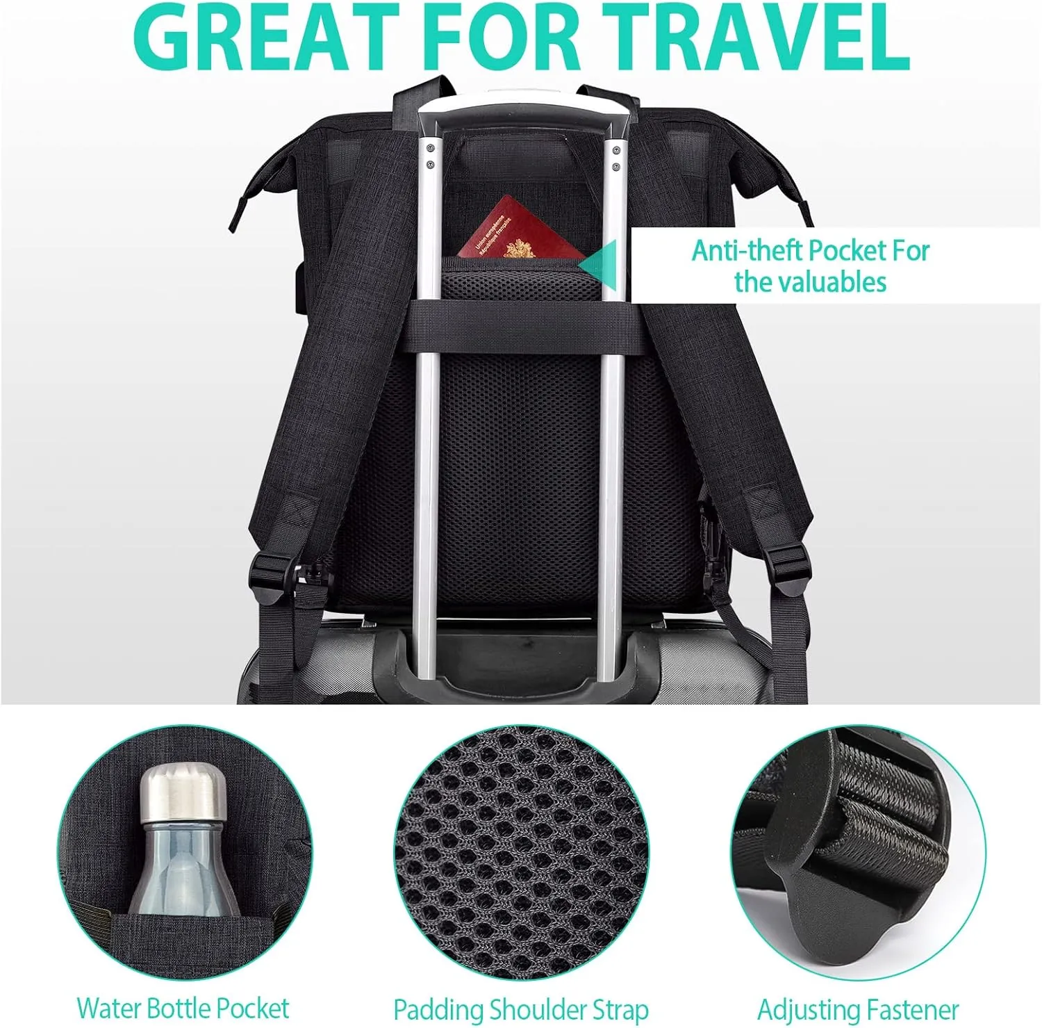 Backpack for Women, School Backpacks for Teen Girls, Large Wide Open Backpack with USB Charging Port, 15.6 Inch Work Laptop Backpack, Black