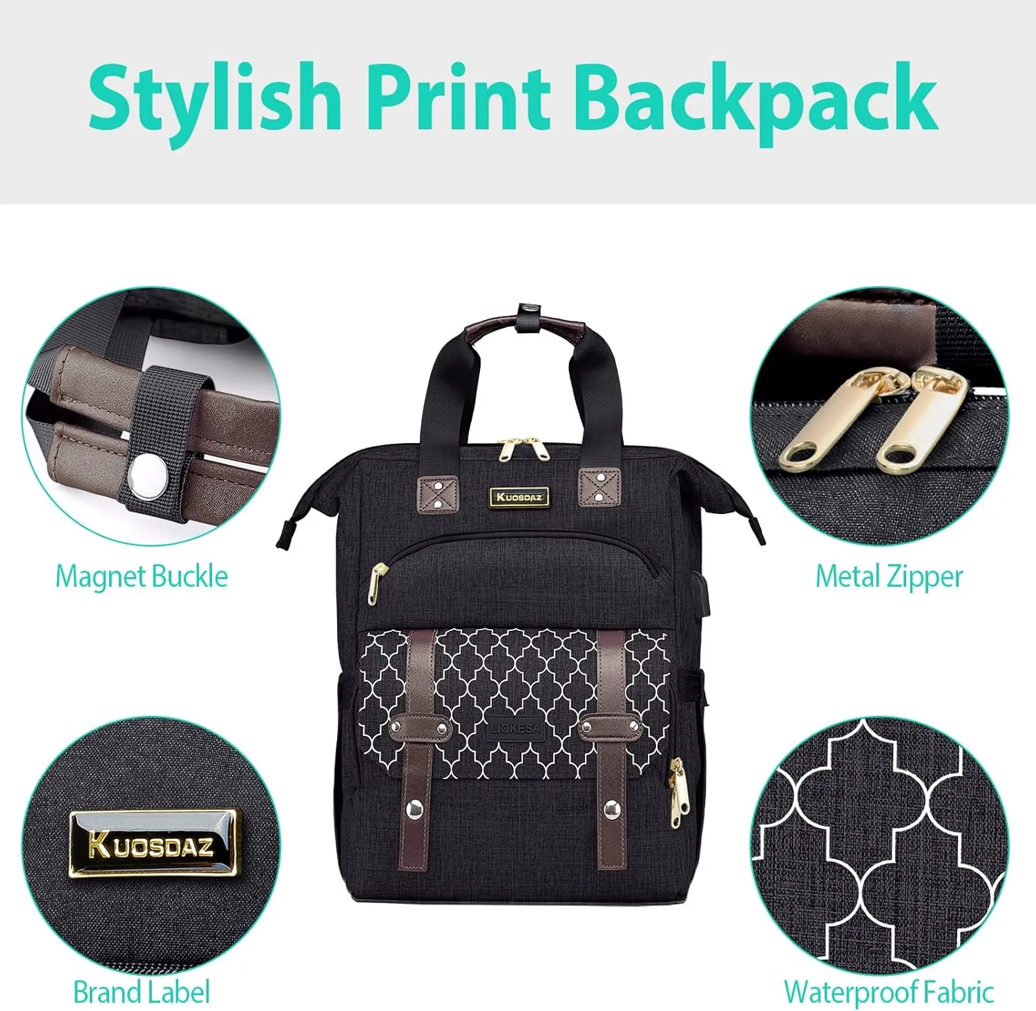 Backpack for Women, School Backpacks for Teen Girls, Large Wide Open Backpack with USB Charging Port, 15.6 Inch Work Laptop Backpack, Black