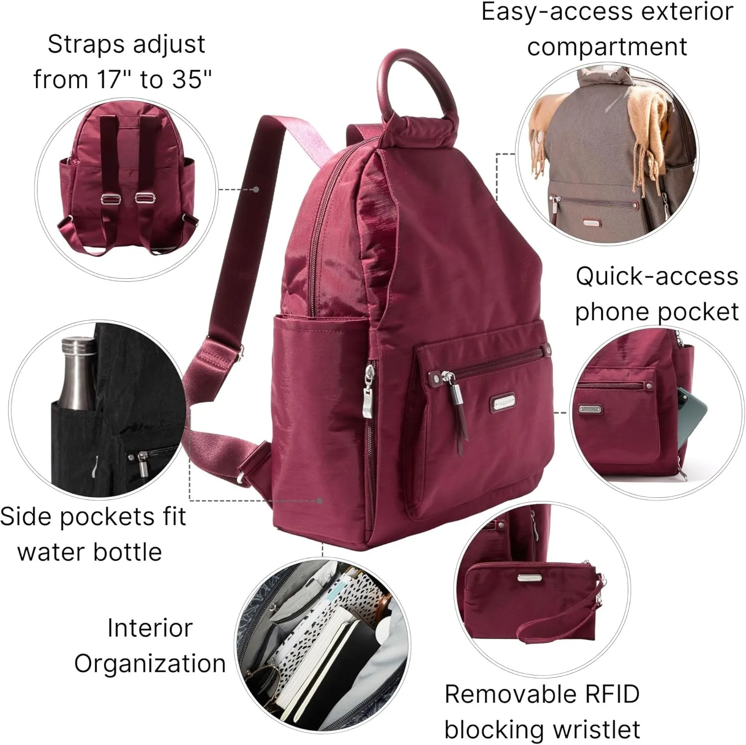 Baggallini All Day Backpack with RFID Phone Wristlet - Lightweight Travel Backpack for Women