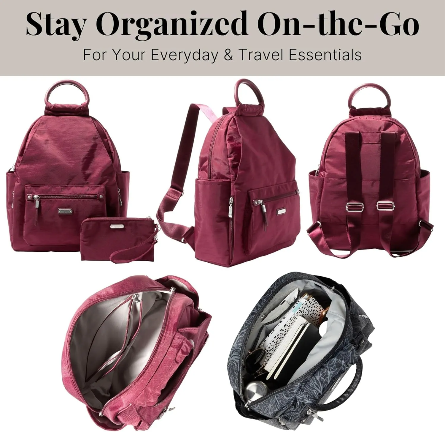 Baggallini All Day Backpack with RFID Phone Wristlet - Lightweight Travel Backpack for Women