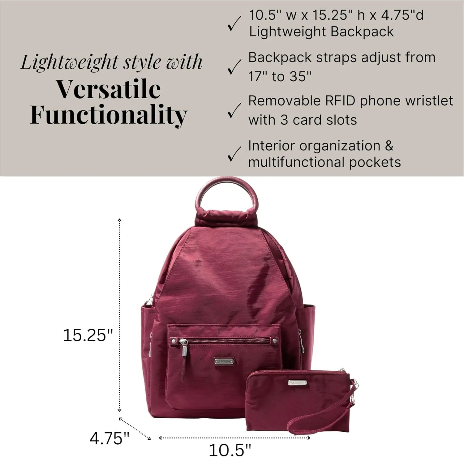 Baggallini All Day Backpack with RFID Phone Wristlet - Lightweight Travel Backpack for Women