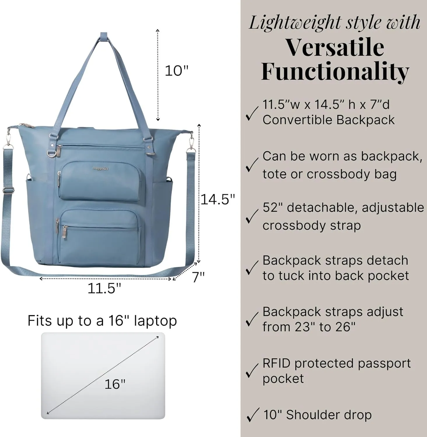 Baggallini Nolita Convertible Backpack - 14x11 Inch Travel Backpack with 16 Inch Laptop Sleeve - Lightweight Luggage Backpack