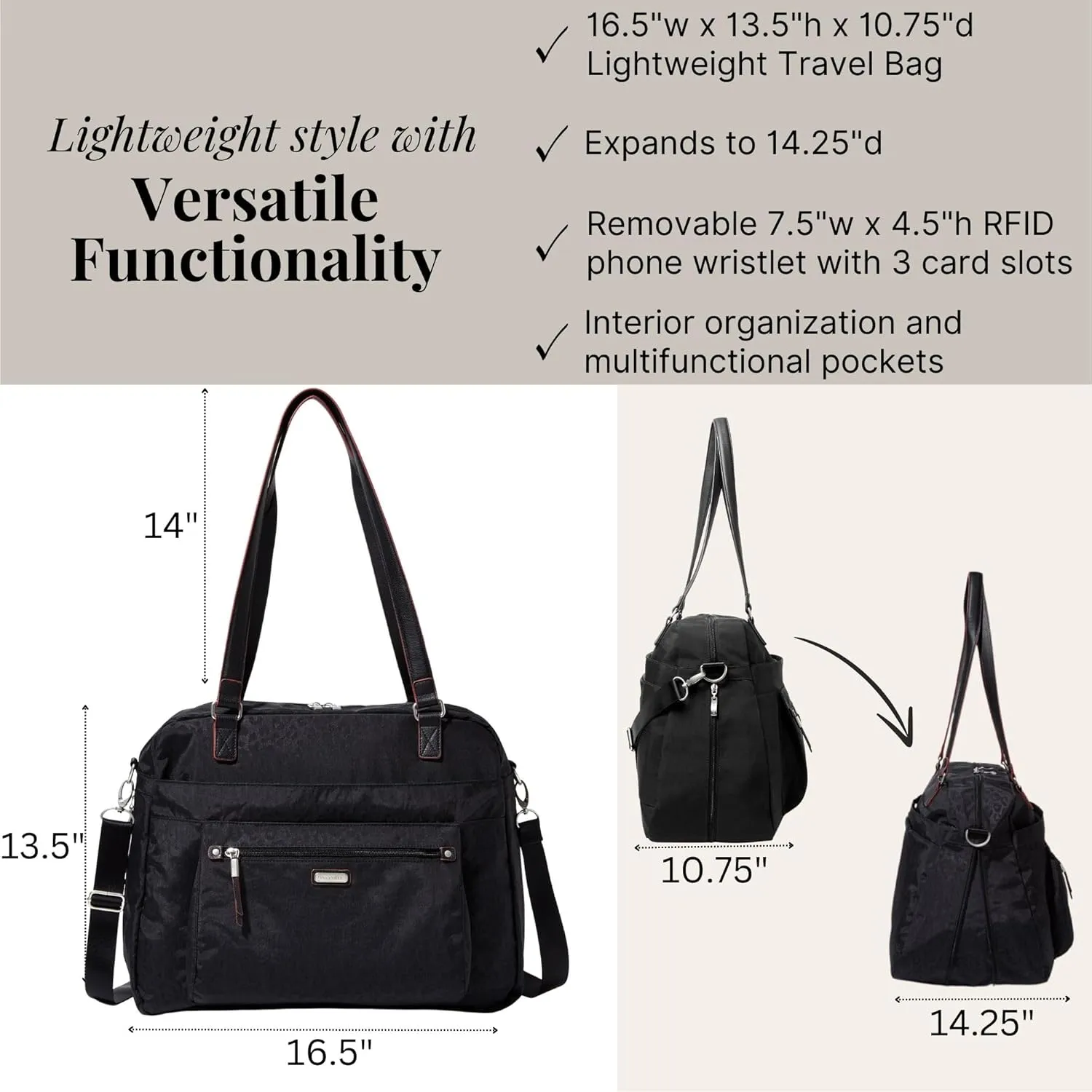 Baggallini Overnight Expandable Laptop Tote - Lightweight Travel Bag for Women