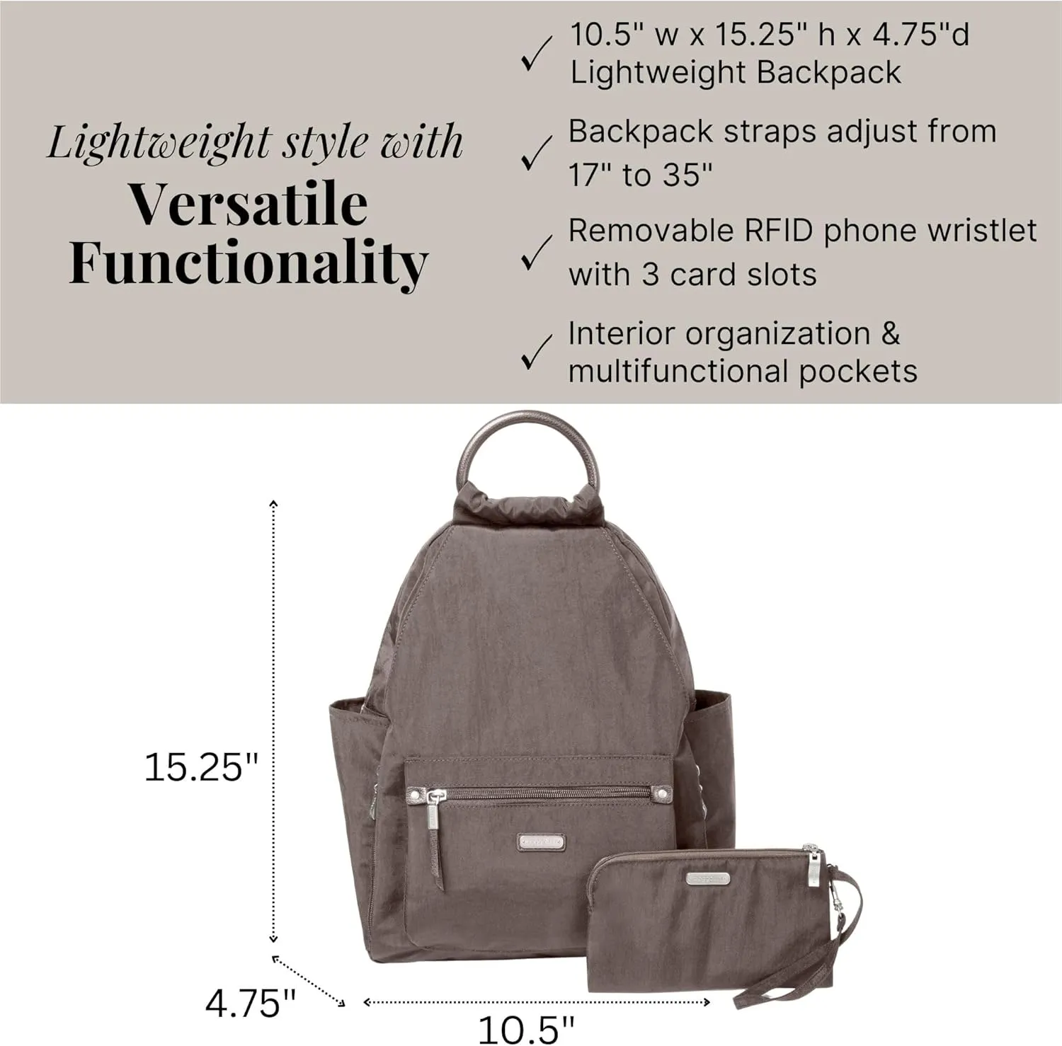 Baggallini womens New Classic Heritage With Rfid Phone Wristlet All Day Backpack, Sterling Shimmer, One Size US