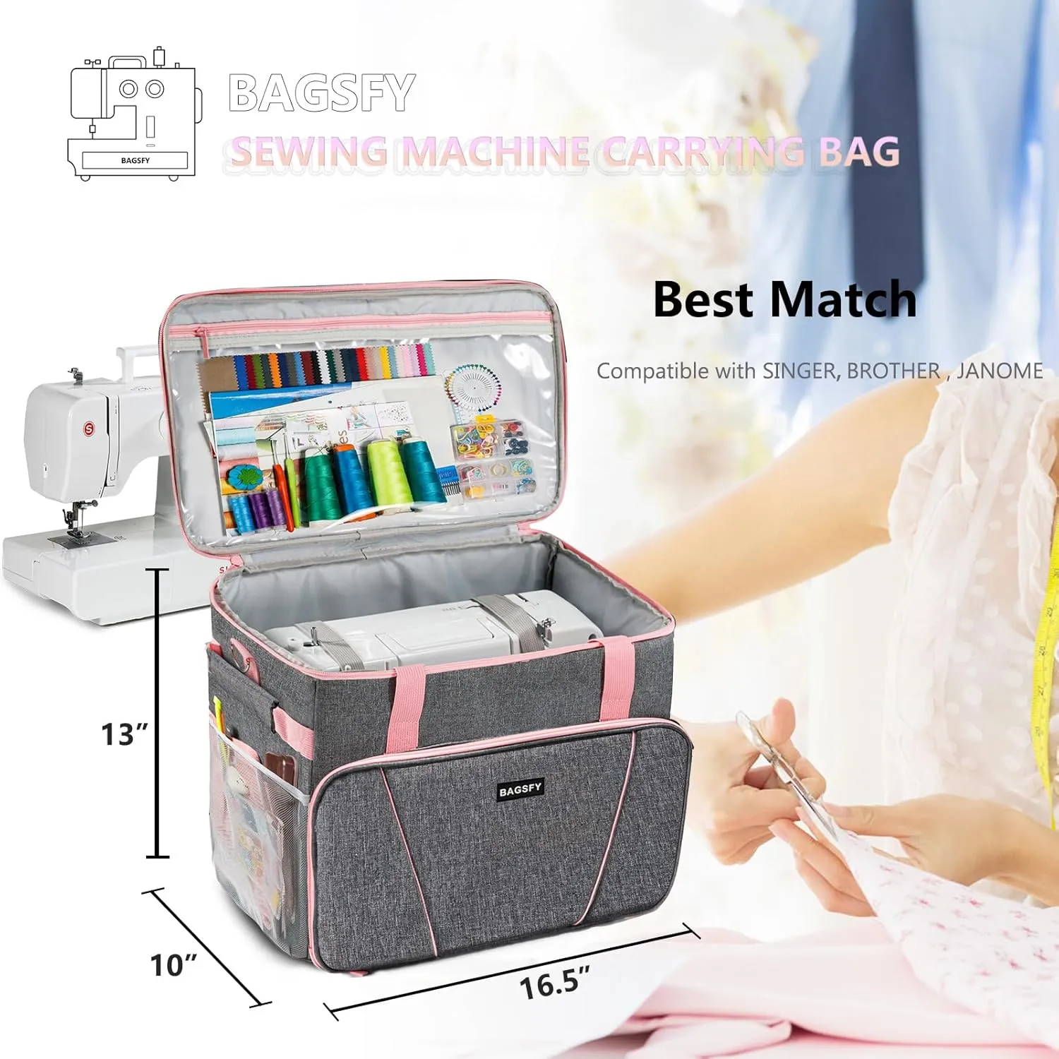 BAGSFY Large Sewing Machine Carrying Case, Sewing Machine Bag, Travel Tote Bag Compatible with Brother, Singer, Bernina & Standard Size Sewing Machines.