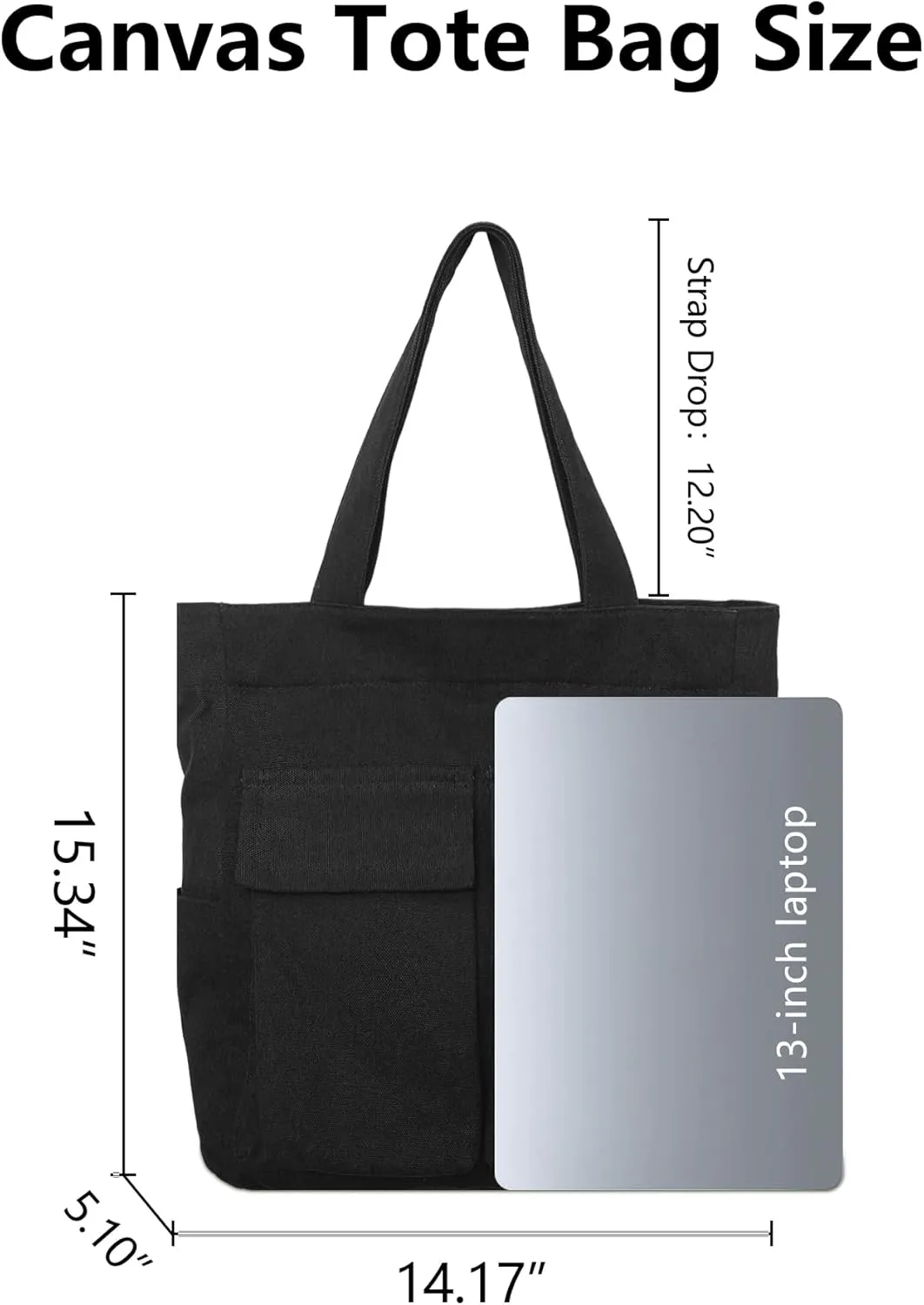 BAPHITY Tote Bag for Women, Large Canvas Bag with Zipper, 6 Pockets Casual Shoulder Handbag for College Work Travel Shopping