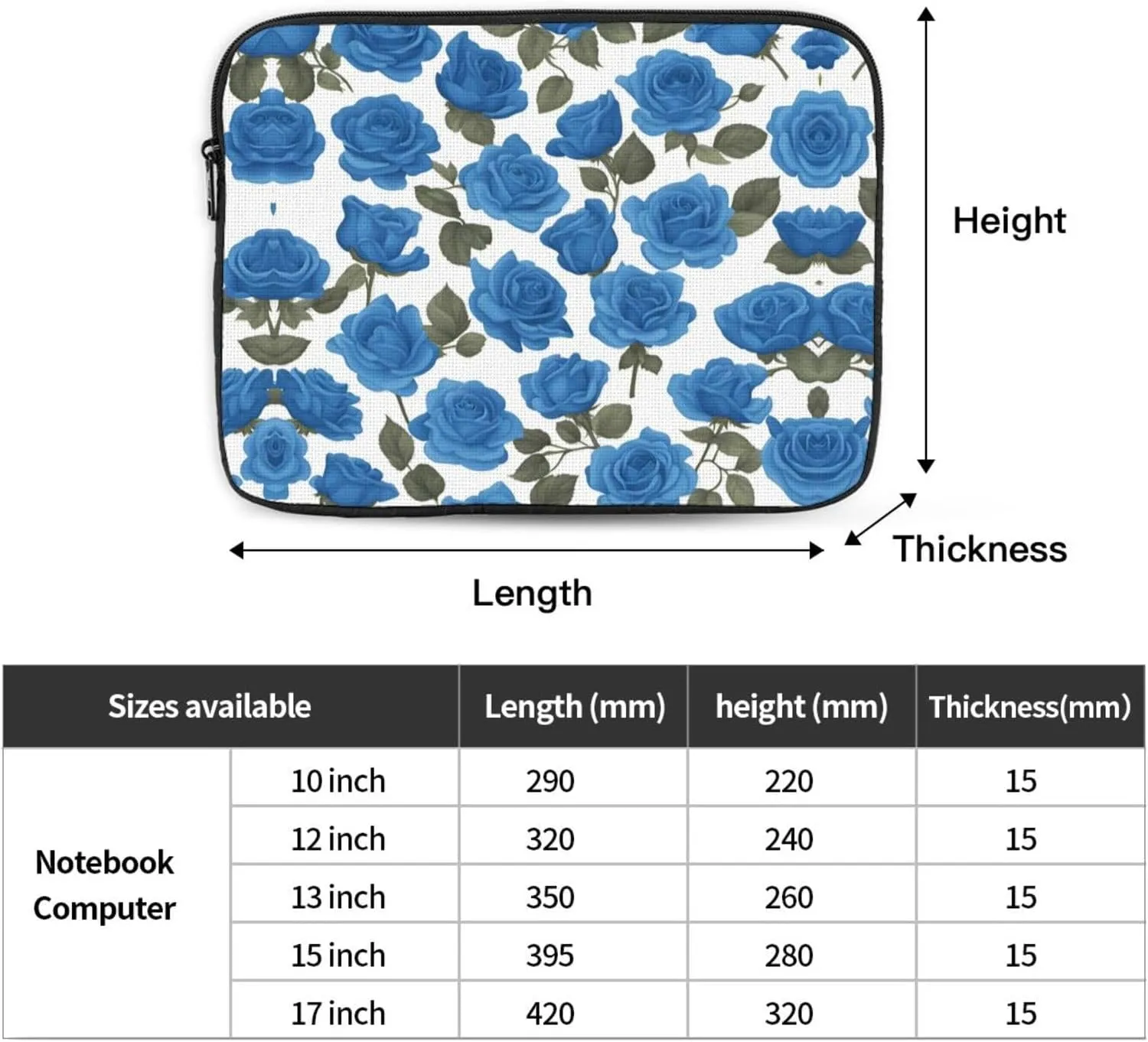 Beautiful Blue Roses Pattern Shockproof Portable Laptop 15 inch Sleeve Bag for Men and Women - Ideal for Business Travel, School, and Daily Use