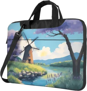 beautiful river windmill Laptop Bag, Multifunctional Shoulder Messenger Bag, 14.96 Inch Long Computer Case, Briefcase Handbag Shoulder Bag