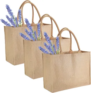 BeeGreen 3 Pack Burlap Tote Bags Bulk w Handles Laminated Interior W16.5“×H13”×D7.25“ X-Large Jute Gift Tote Beach Bag for Mother's Day Teacher Bridesmaid Wedding DIY