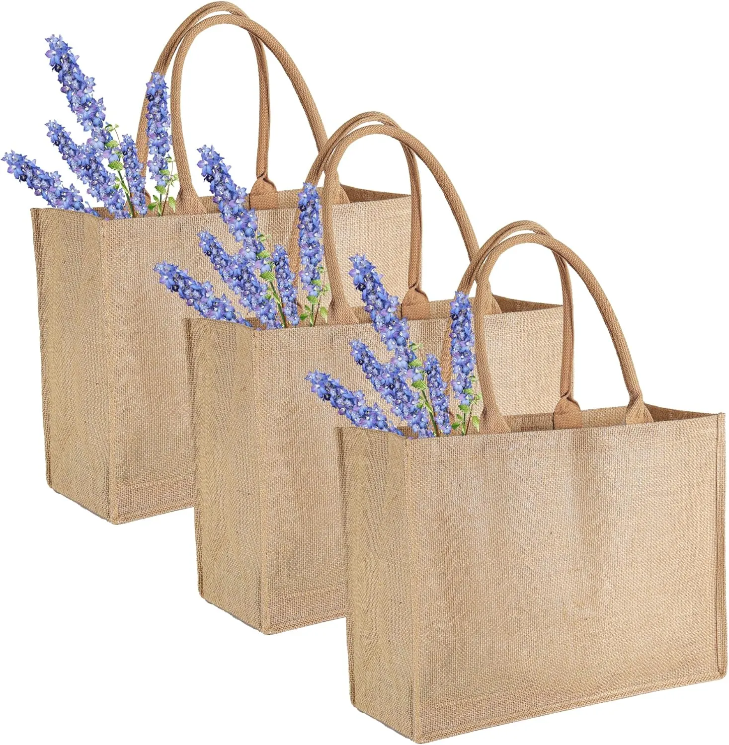 BeeGreen 3 Pack Burlap Tote Bags Bulk w Handles Laminated Interior W16.5“×H13”×D7.25“ X-Large Jute Gift Tote Beach Bag for Mother's Day Teacher Bridesmaid Wedding DIY