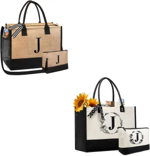 BeeGreen Personalized Tote Bag for Teacher Monogrammed Tote Bags with 2 Pouch, Birthday Gift Bag with Leather Handles & Inner Zipper Pocket Letter J
