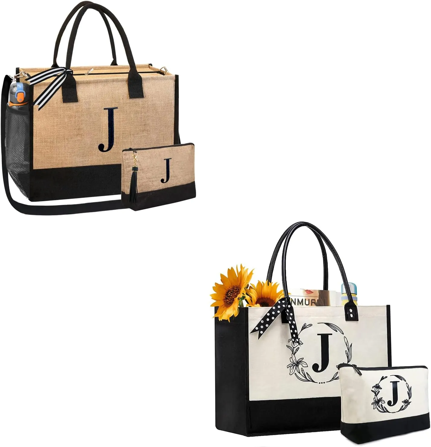BeeGreen Personalized Tote Bag for Teacher Monogrammed Tote Bags with 2 Pouch, Birthday Gift Bag with Leather Handles & Inner Zipper Pocket Letter J