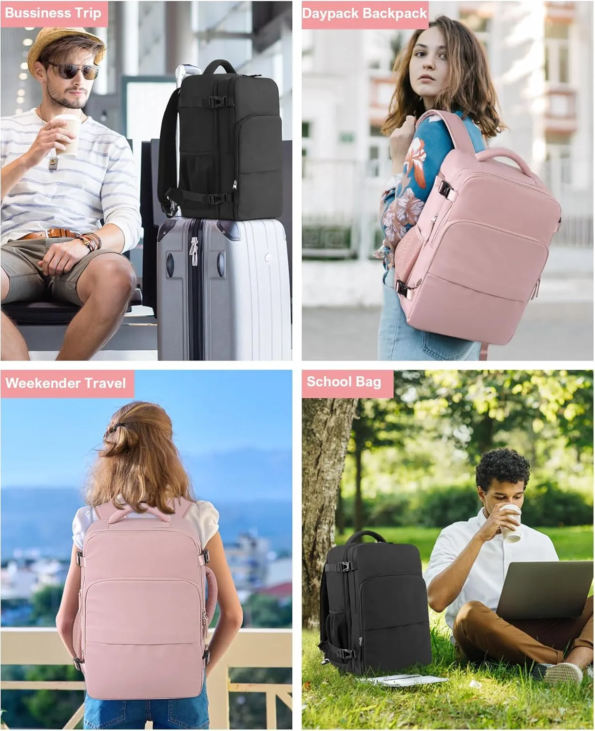 Beraliy Travel Backpack for Women,Personal Item Bag Airline Approved, Carry On Backpack,16inch Laptop Backpack Hiking Business Casual Weekender Bag Daypack,Pink