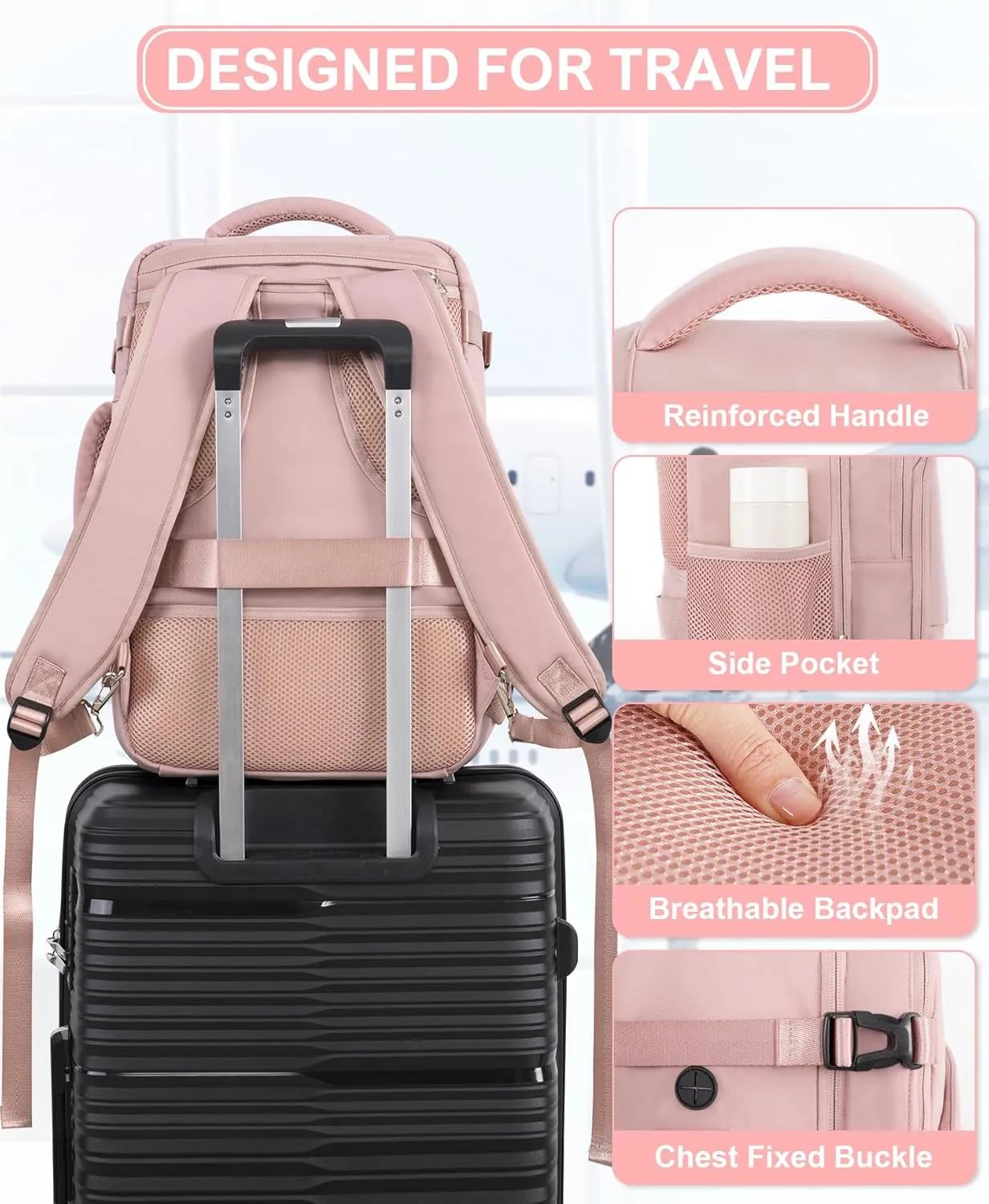 Beraliy Travel Backpack for Women,Personal Item Bag Airline Approved, Carry On Backpack,16inch Laptop Backpack Hiking Business Casual Weekender Bag Daypack,Pink