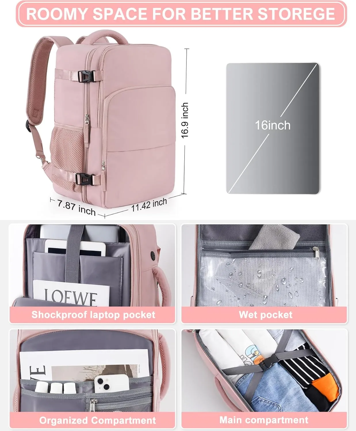 Beraliy Travel Backpack for Women,Personal Item Bag Airline Approved, Carry On Backpack,16inch Laptop Backpack Hiking Business Casual Weekender Bag Daypack,Pink