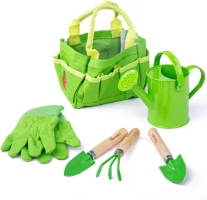 Bigjigs Toys Small 5 Piece Childrens Gardening Set with Bag, Garden Tools, Watering Can & Gardening Gloves - Fun Gardening for Kids, Quality Outdoor Toys