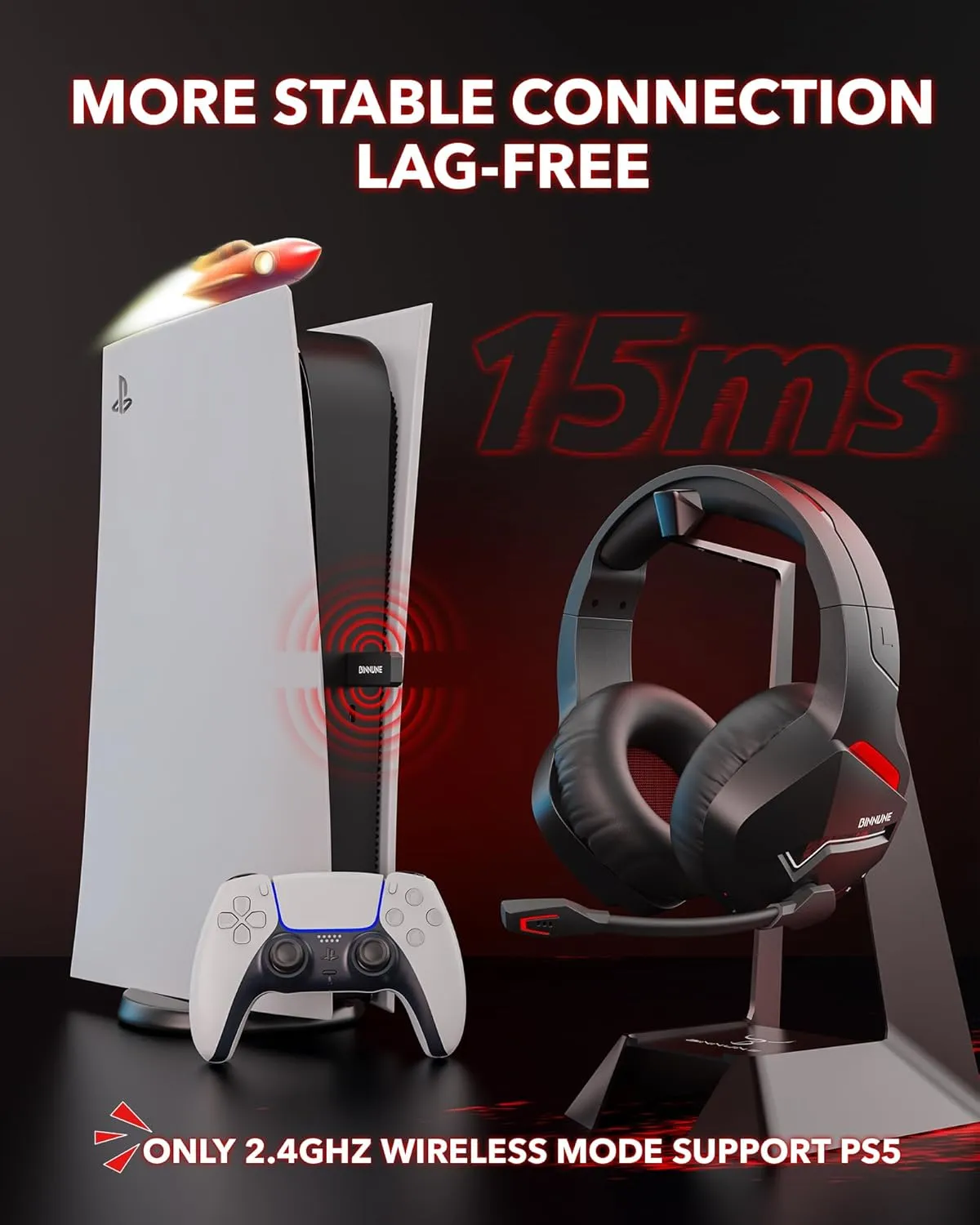 BINNUNE Wireless Gaming Headset with 2.4GHz for PS5, PS4, PC, Switch, FPS Gamers, 120Hrs  Bluetooth 5.3 Gaming Headsets with Noise Canceling Mic, 50MM Headphones for Laptop, Mobile, Mac