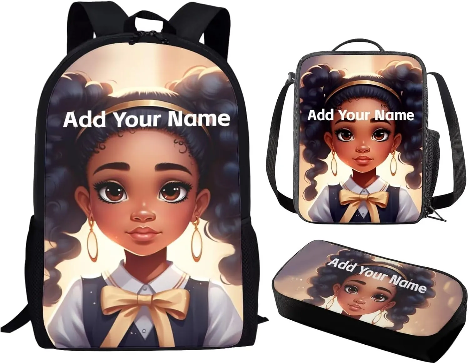 Black African Kids Backpack and Lunch Bag for Girls 10-12/12-14,American Magic Afro Bookbag with Lunch Box Custom Name Elementary School Bag Set Student Book Bag Pencil Case
