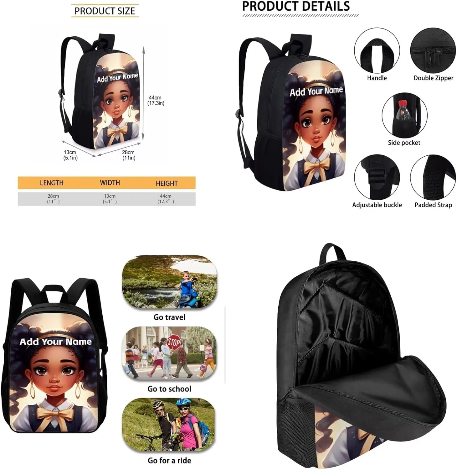 Black African Kids Backpack and Lunch Bag for Girls 10-12/12-14,American Magic Afro Bookbag with Lunch Box Custom Name Elementary School Bag Set Student Book Bag Pencil Case