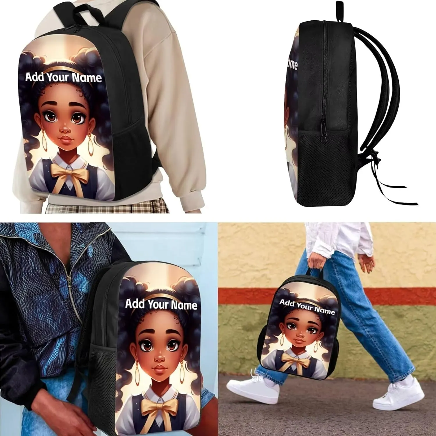 Black African Kids Backpack and Lunch Bag for Girls 10-12/12-14,American Magic Afro Bookbag with Lunch Box Custom Name Elementary School Bag Set Student Book Bag Pencil Case