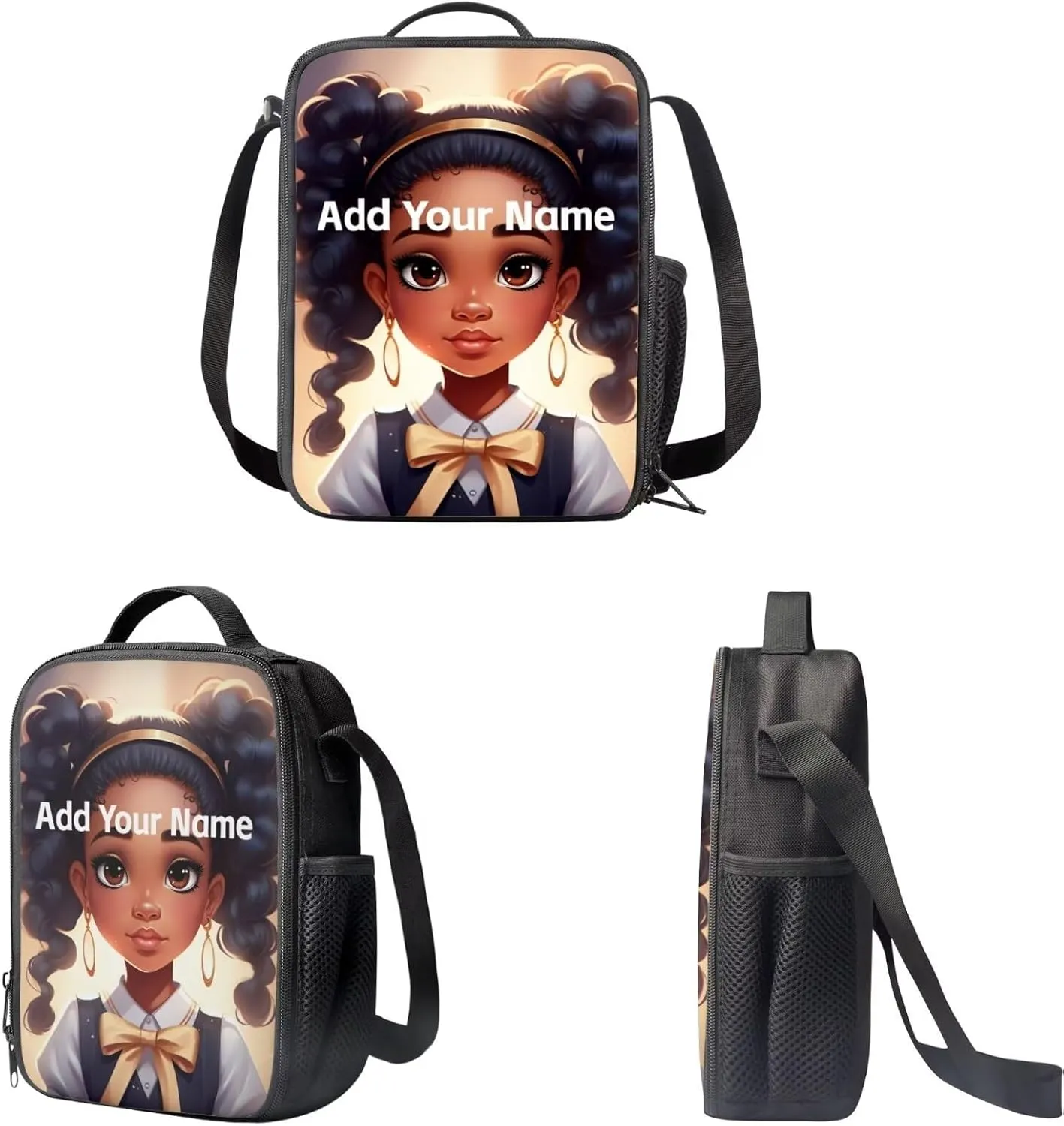 Black African Kids Backpack and Lunch Bag for Girls 10-12/12-14,American Magic Afro Bookbag with Lunch Box Custom Name Elementary School Bag Set Student Book Bag Pencil Case