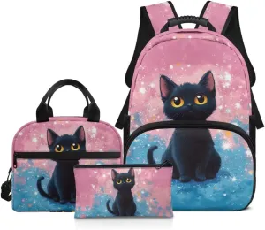 Black Backpack with Lunch Box and Pencil Case for Girls and Boys,Cat 17 Inch Backpacks for Kids for School