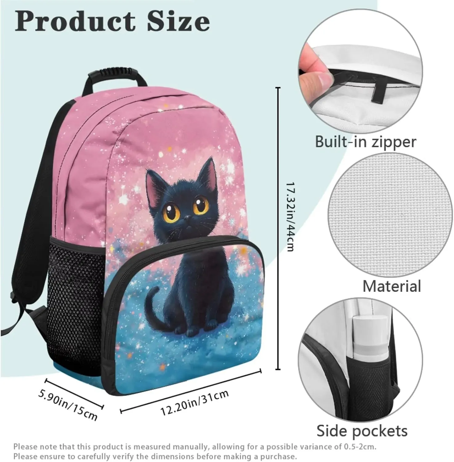 Black Backpack with Lunch Box and Pencil Case for Girls and Boys,Cat 17 Inch Backpacks for Kids for School