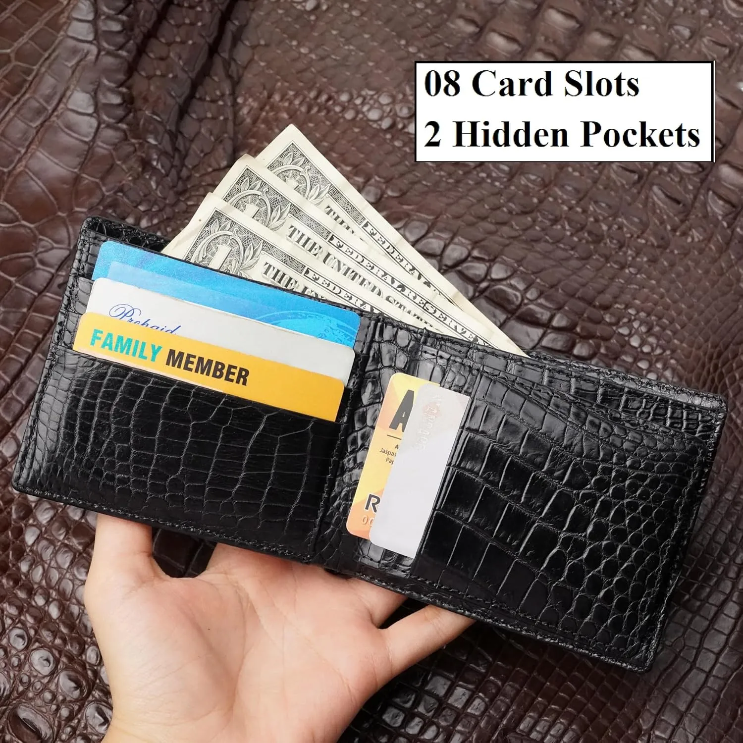 Black Mens Alligator Hornback Leather Billfold Wallet Crocodile Passcase Bifold Luxury Wallet Multiple RFID Blocking Security Handmade Exotic Leather With Flip-out ID Window Gift Men VINAM-98