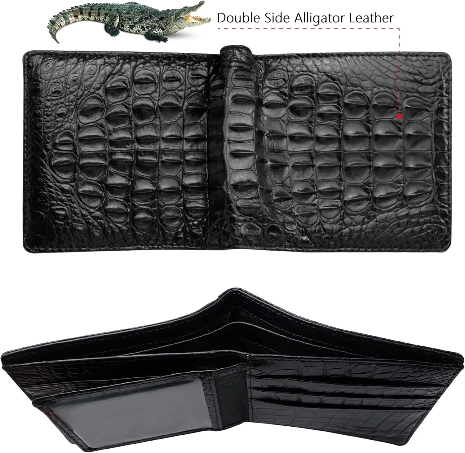 Black Mens Alligator Hornback Leather Billfold Wallet Crocodile Passcase Bifold Luxury Wallet Multiple RFID Blocking Security Handmade Exotic Leather With Flip-out ID Window Gift Men VINAM-98