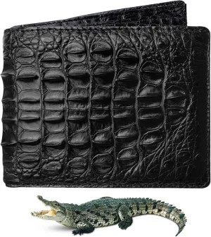Black Mens Alligator Hornback Leather Billfold Wallet Crocodile Passcase Bifold Luxury Wallet Multiple RFID Blocking Security Handmade Exotic Leather With Flip-out ID Window Gift Men VINAM-98