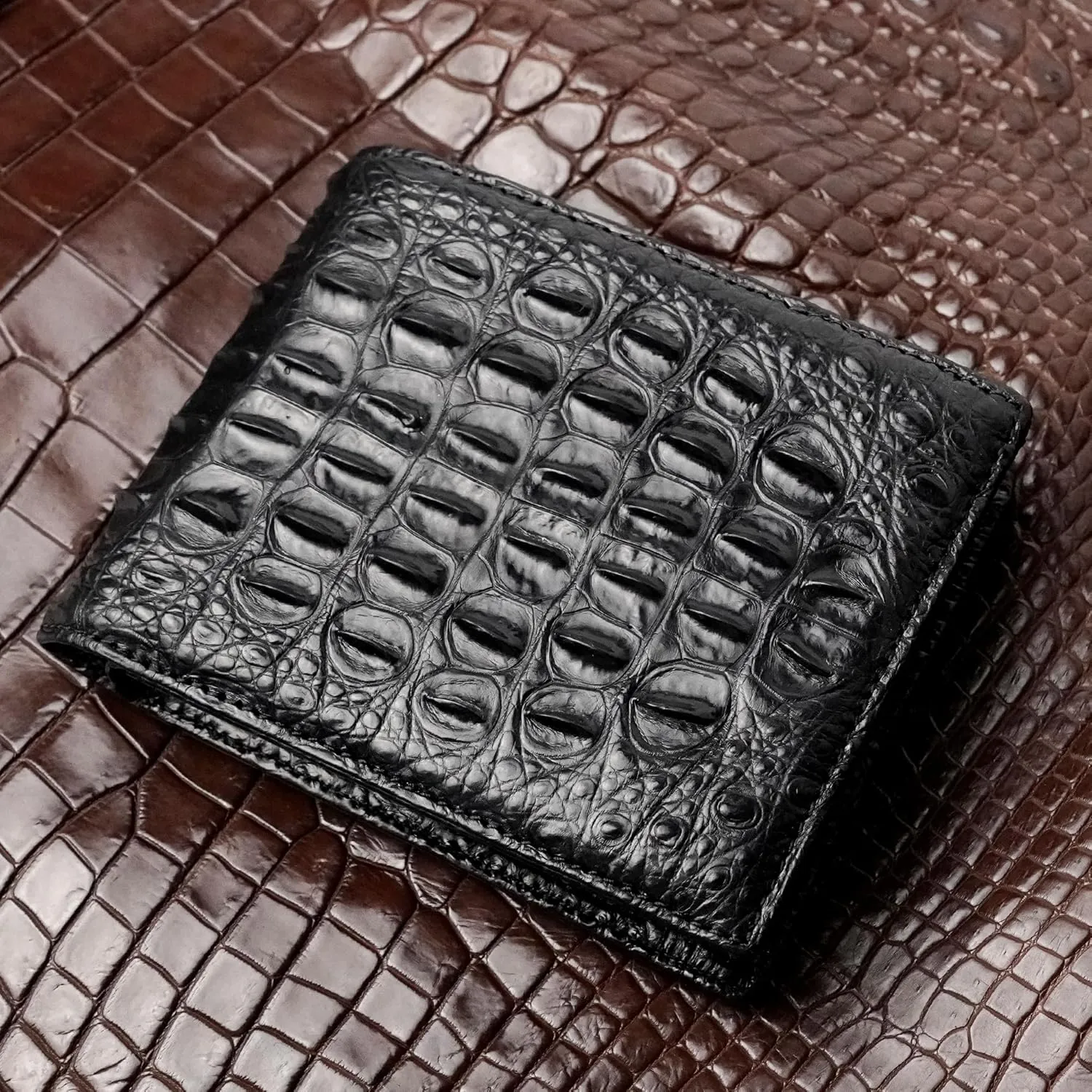 Black Mens Alligator Hornback Leather Billfold Wallet Crocodile Passcase Bifold Luxury Wallet Multiple RFID Blocking Security Handmade Exotic Leather With Flip-out ID Window Gift Men VINAM-98
