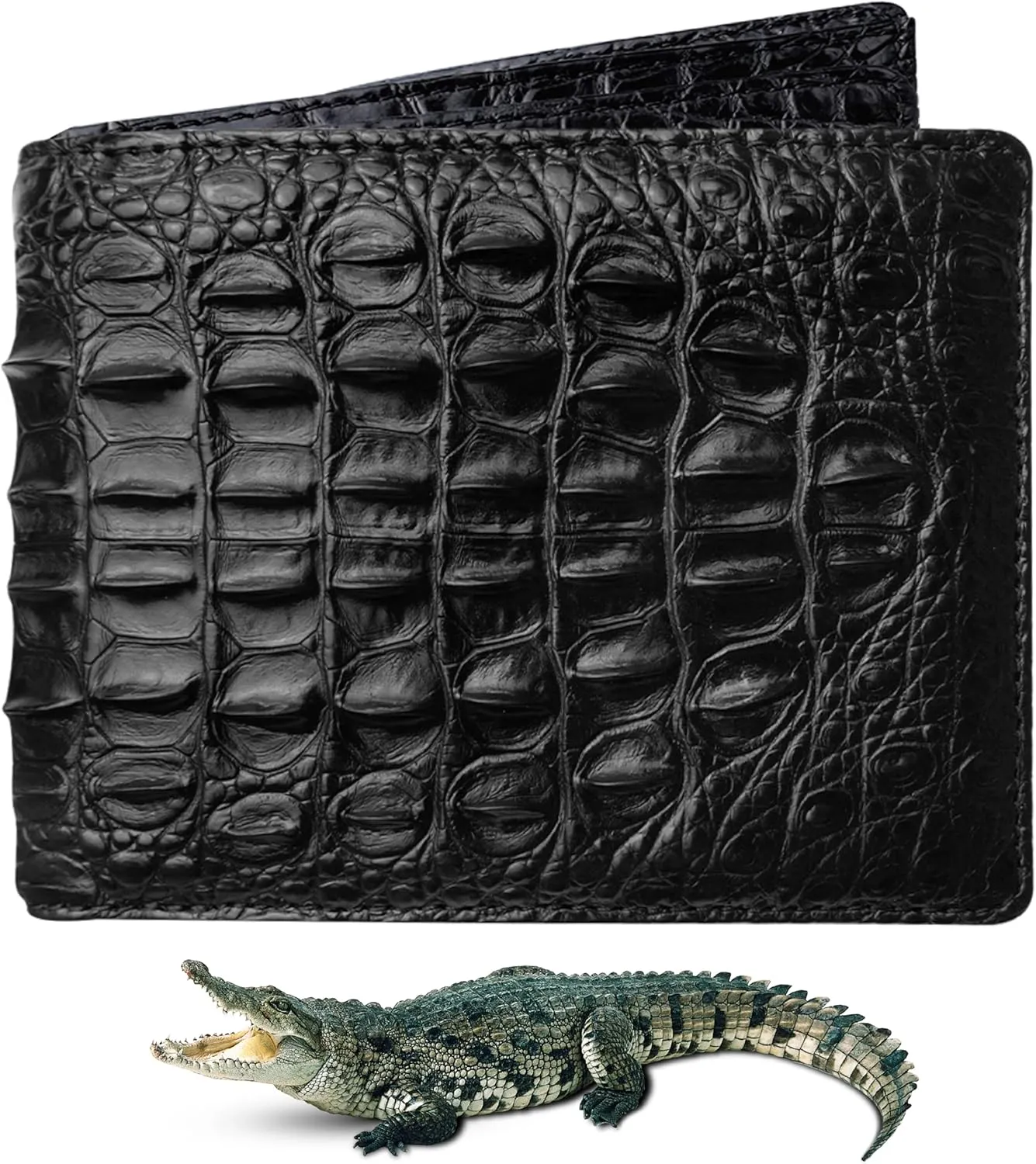 Black Mens Alligator Hornback Leather Billfold Wallet Crocodile Passcase Bifold Luxury Wallet Multiple RFID Blocking Security Handmade Exotic Leather With Flip-out ID Window Gift Men VINAM-98