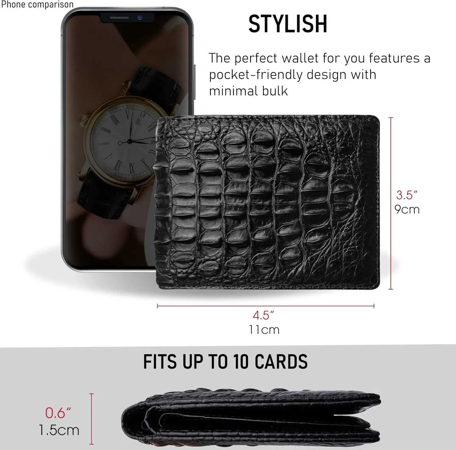 Black Mens Alligator Hornback Leather Billfold Wallet Crocodile Passcase Bifold Luxury Wallet Multiple RFID Blocking Security Handmade Exotic Leather With Flip-out ID Window Gift Men VINAM-98