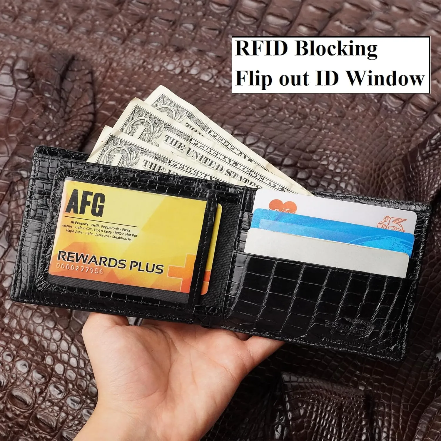 Black Mens Alligator Hornback Leather Billfold Wallet Crocodile Passcase Bifold Luxury Wallet Multiple RFID Blocking Security Handmade Exotic Leather With Flip-out ID Window Gift Men VINAM-98